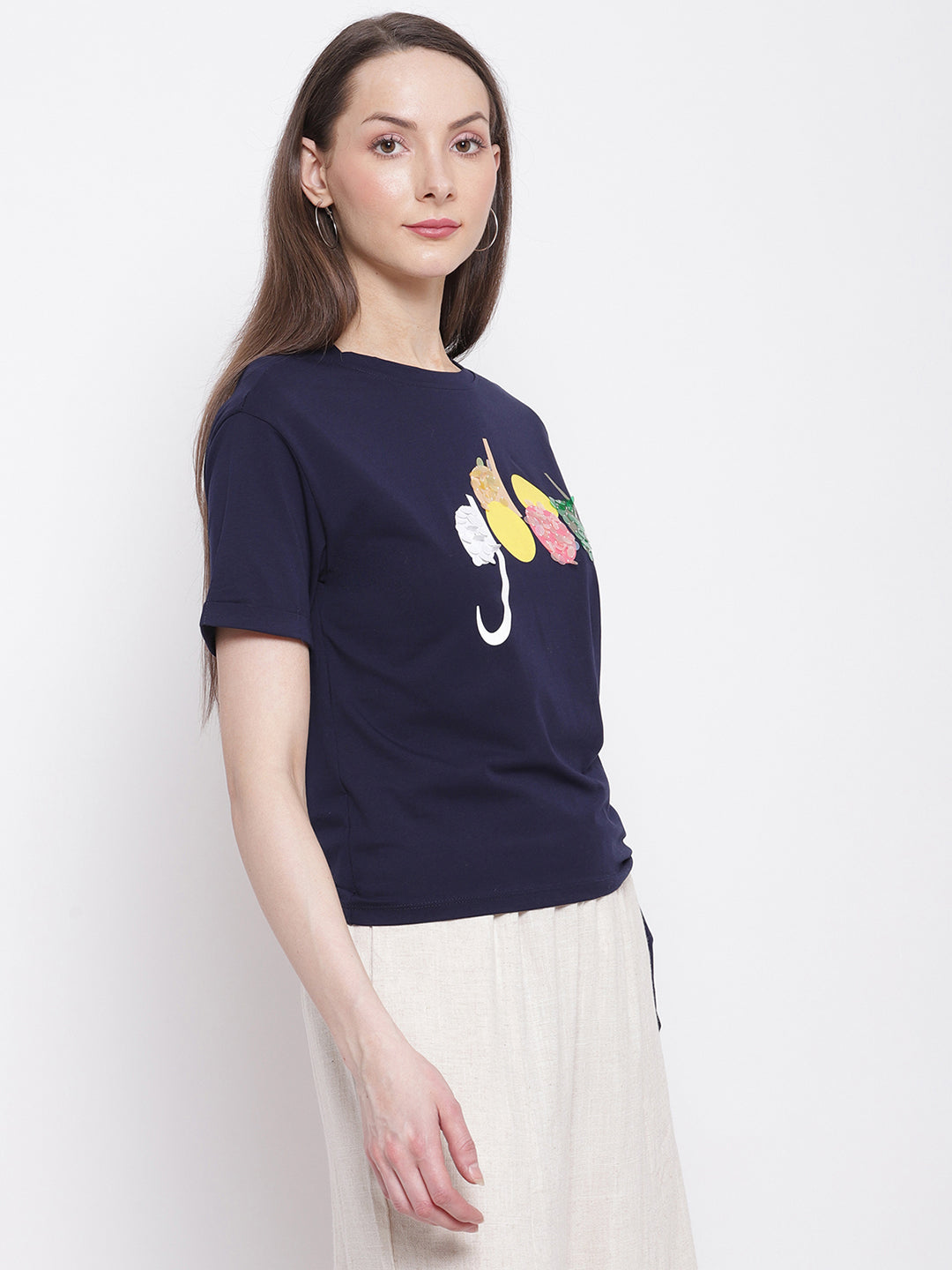 Women Navy Blue Printed Top with Knot Details at Hem