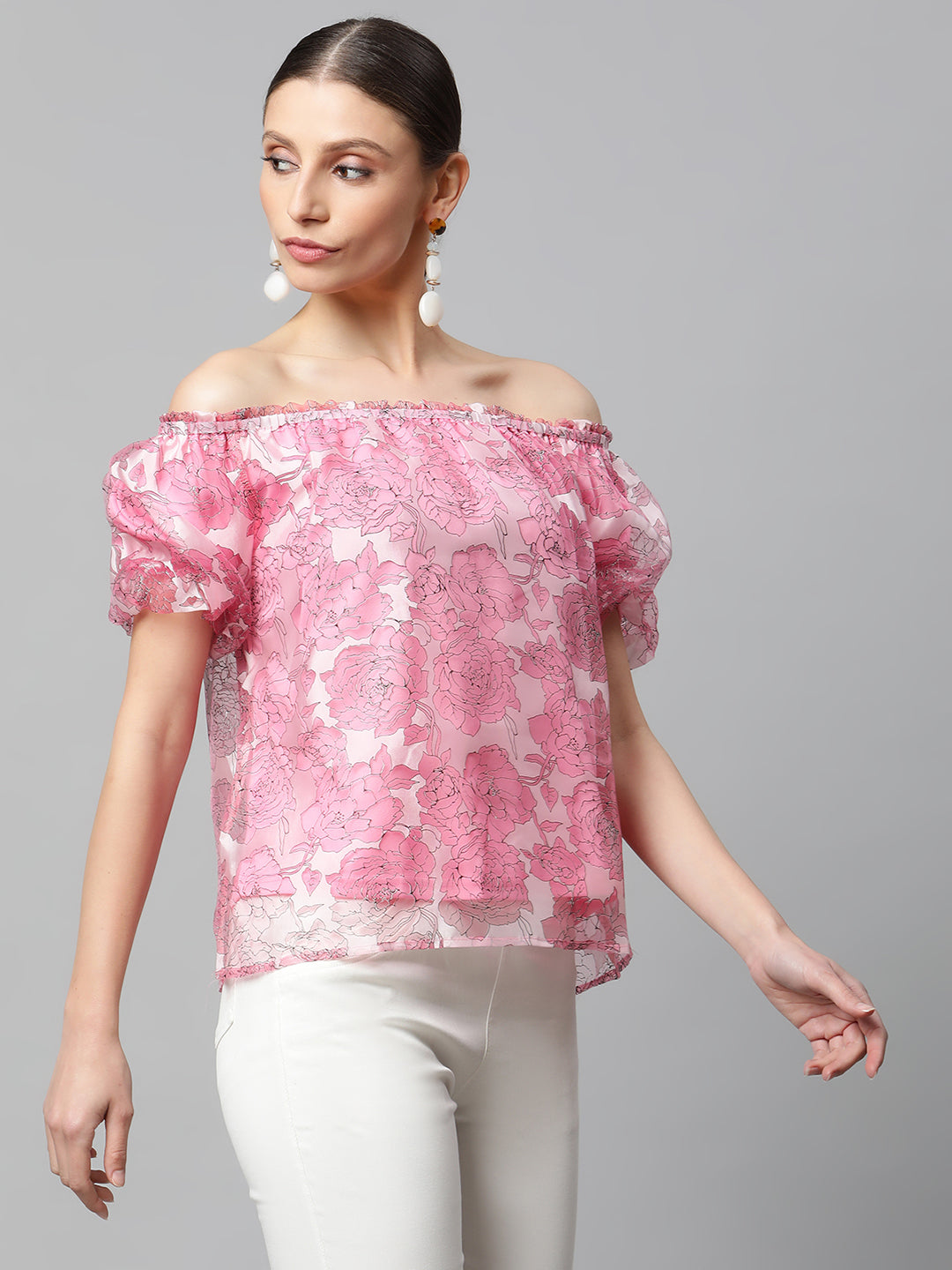 Women Pink Net Floral Off-Shoulder Printed Top