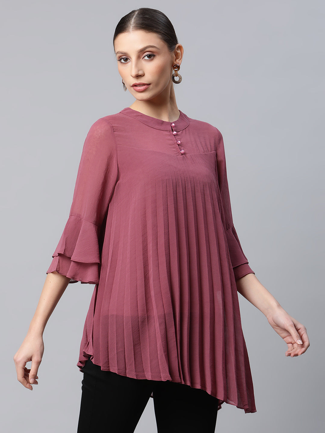 Women Mandarin Collar Flared Fit Asymmetric Hem Top