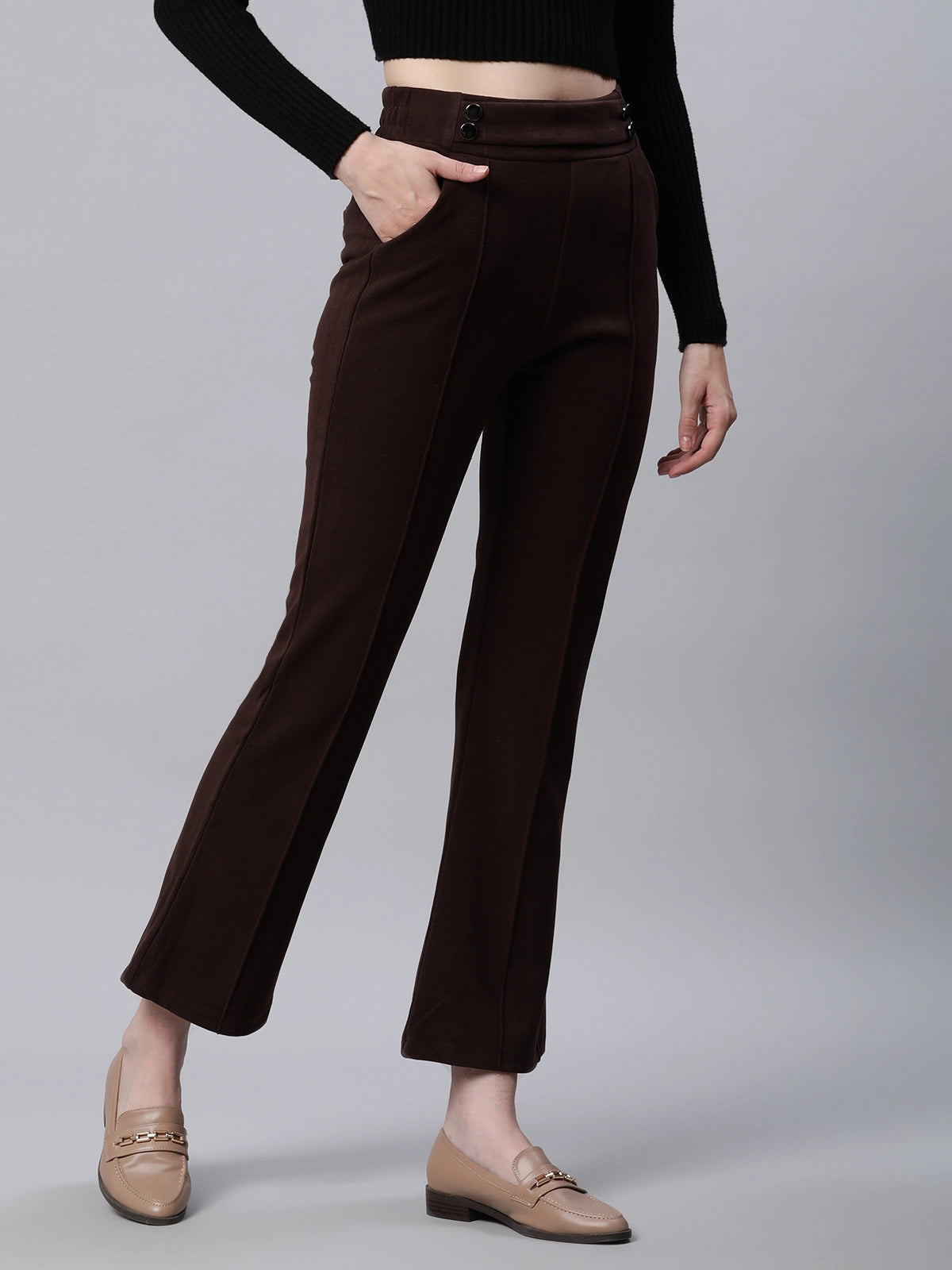 Solid High Rise Brown Flared Trousers