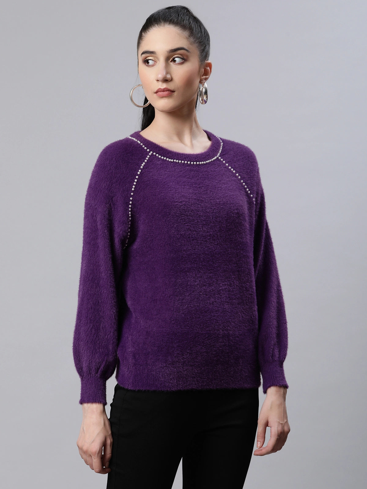Women Embellished Mulberry Woolen Loose Fit Casual Pullover