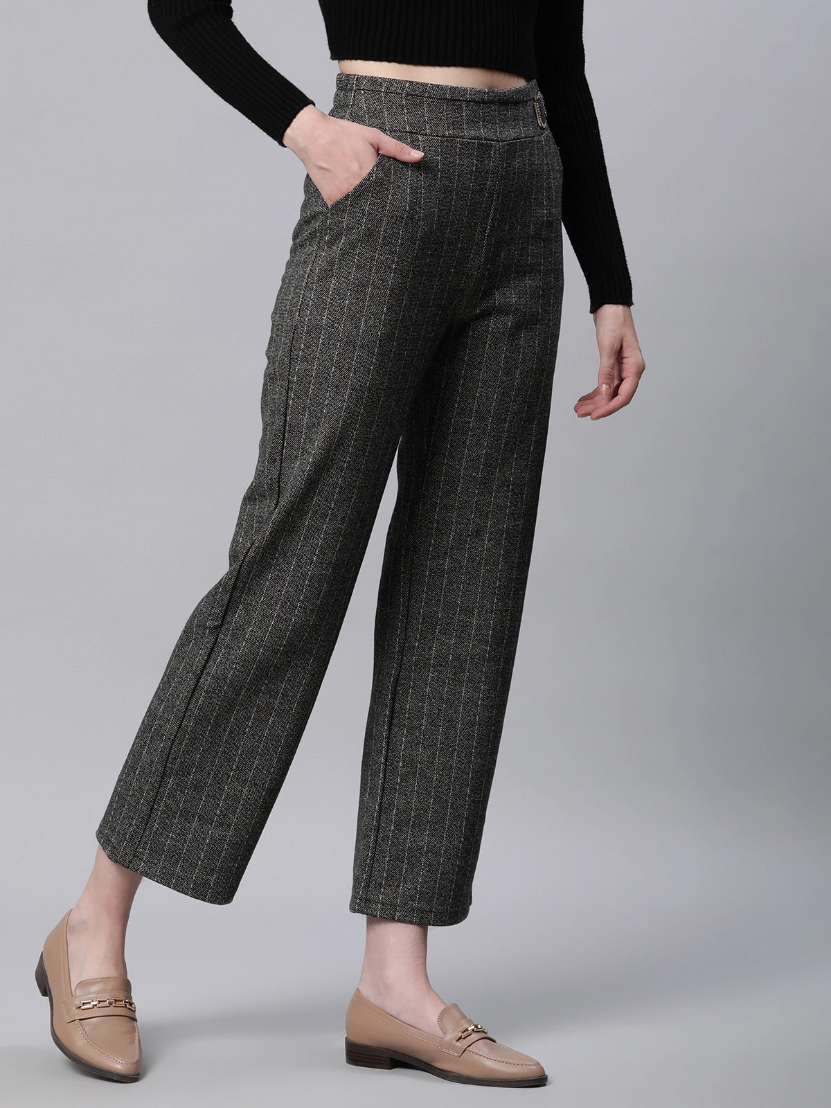 Striped High Rise Brown Straight Trousers
