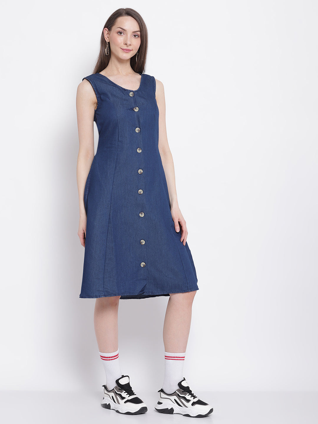 Buy Women Sleevless Dark Blue Denim A-Line Dress