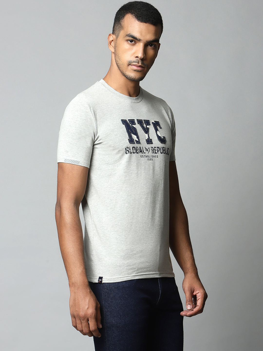 Men Grey Round Neck Alpha Printed Slim Fit T-Shirt