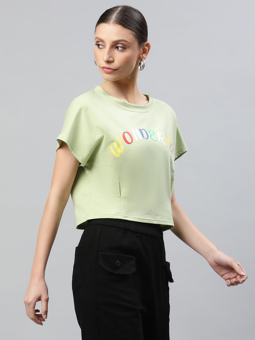 Women Pista Green Regular Fit Printed T-Shirt - Global Republic