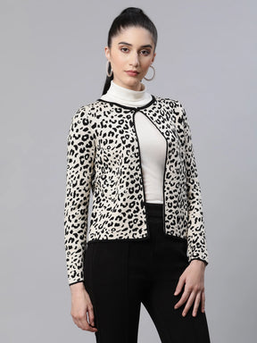 Women Animal Printed White Casual Cardigan