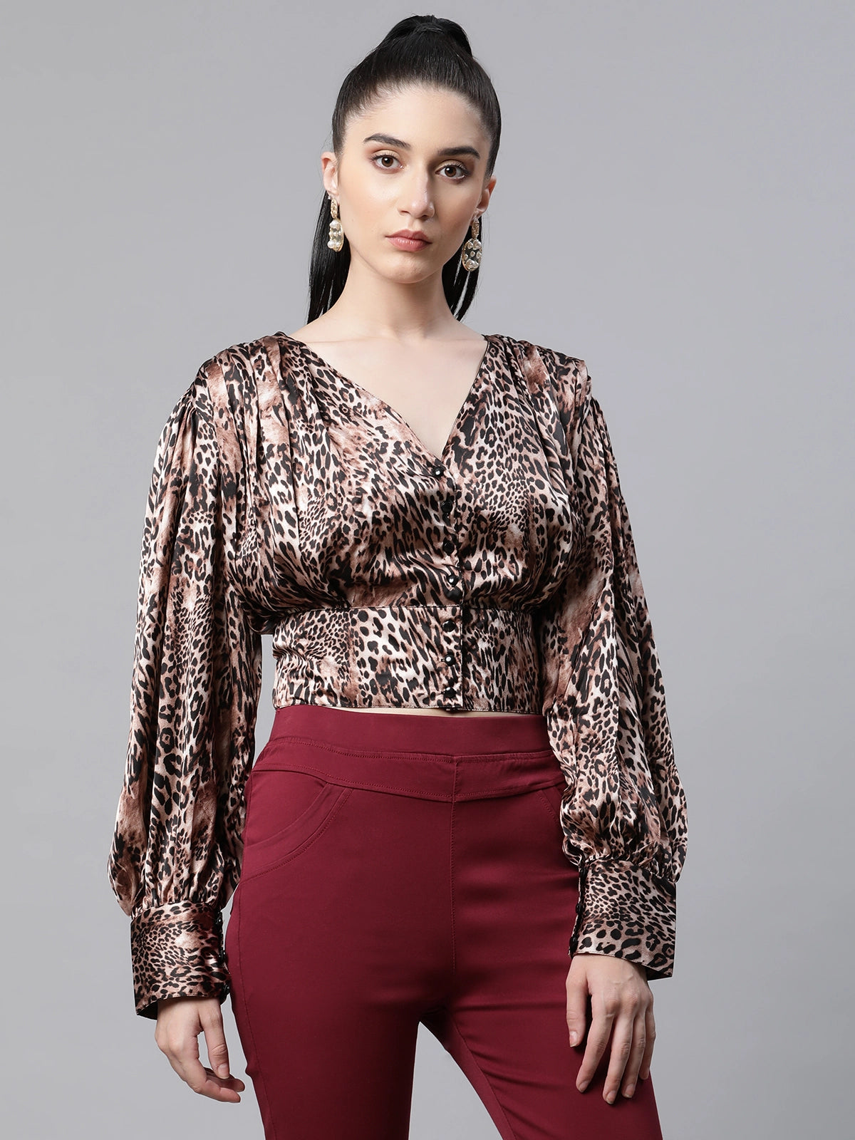 Women Animal Printed Brown Fitted Party Blouson Top