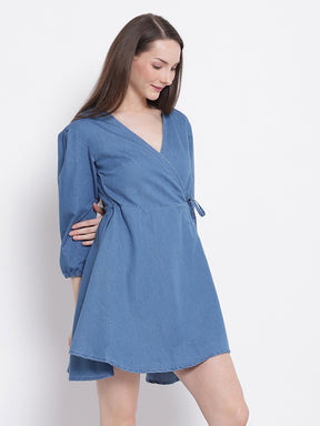 women light blue denim solid denim dress