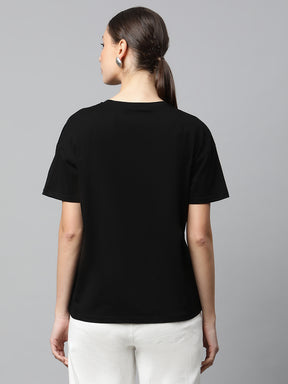 Women Regular Fit Black Floral Embellished T-Shirt
