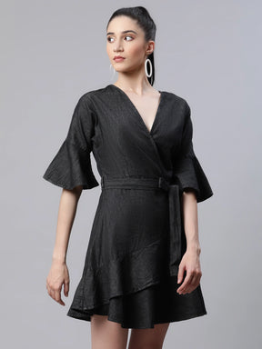 women solid charcoal denim flared casual dress