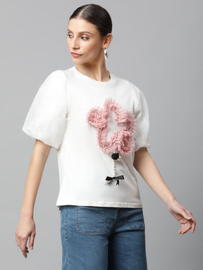 Women Regular Fit White Color Hosiery Applique T-Shirt