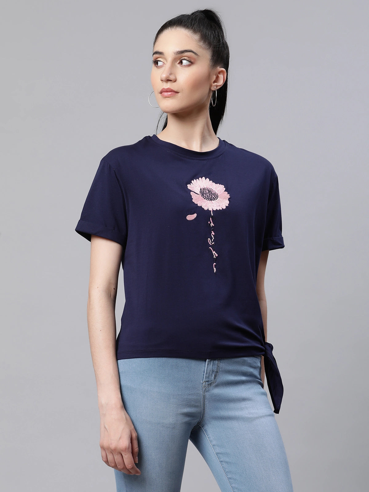 Women Embroidered Navy Blue Cotton Regular Fit Top - Global Republic