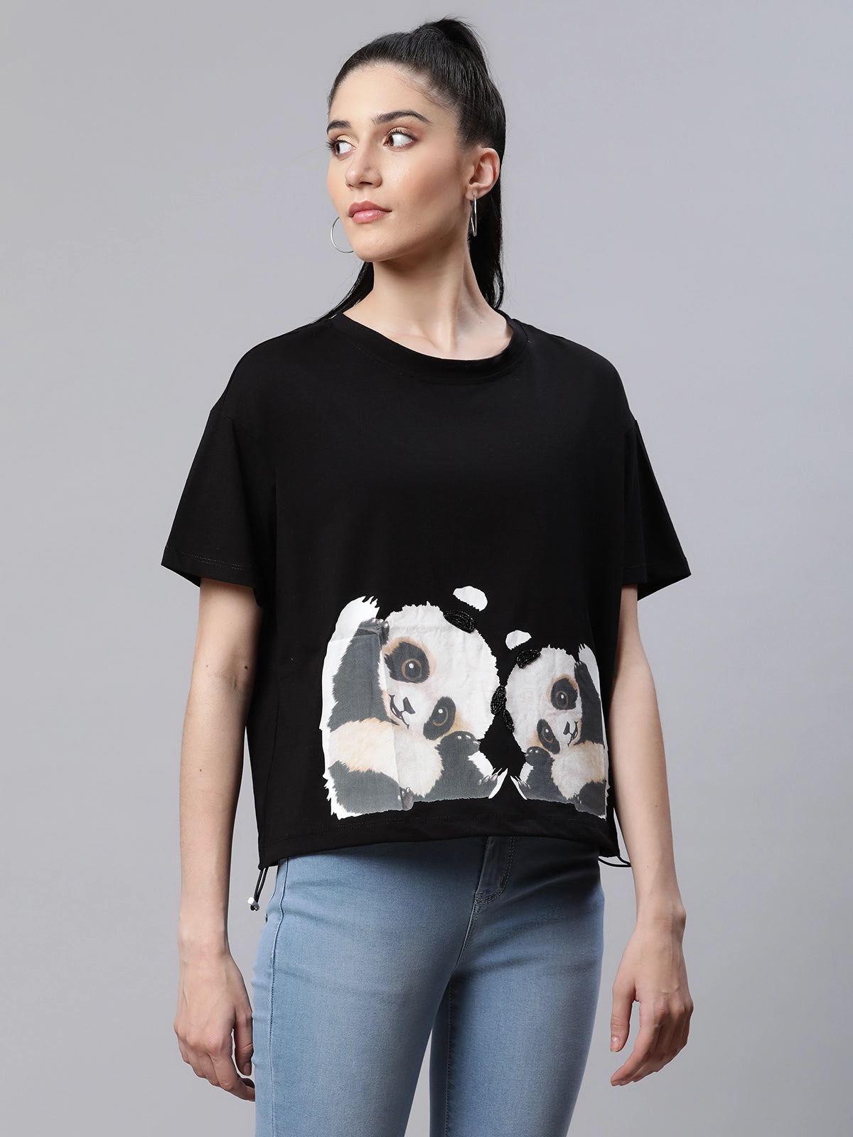 Women  Regular Fit Black Printed Cotton Casual Top - Global Republic