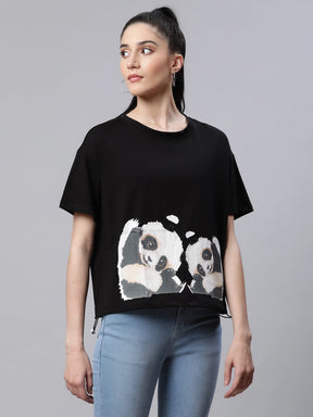 Women  Loose Fit Black Printed Hosiery Casual T-Shirt