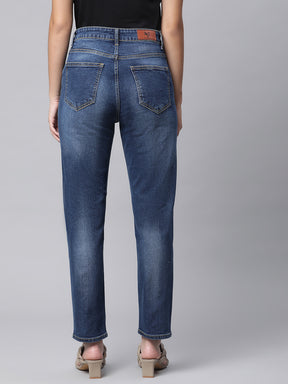 women dark blue tapered fit denim jeans