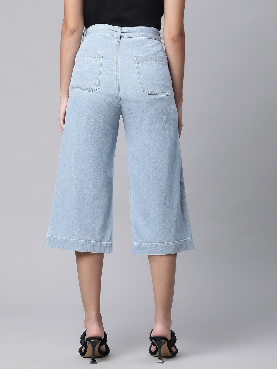 Calf-Length Sky Blue Denim Culottes For Women