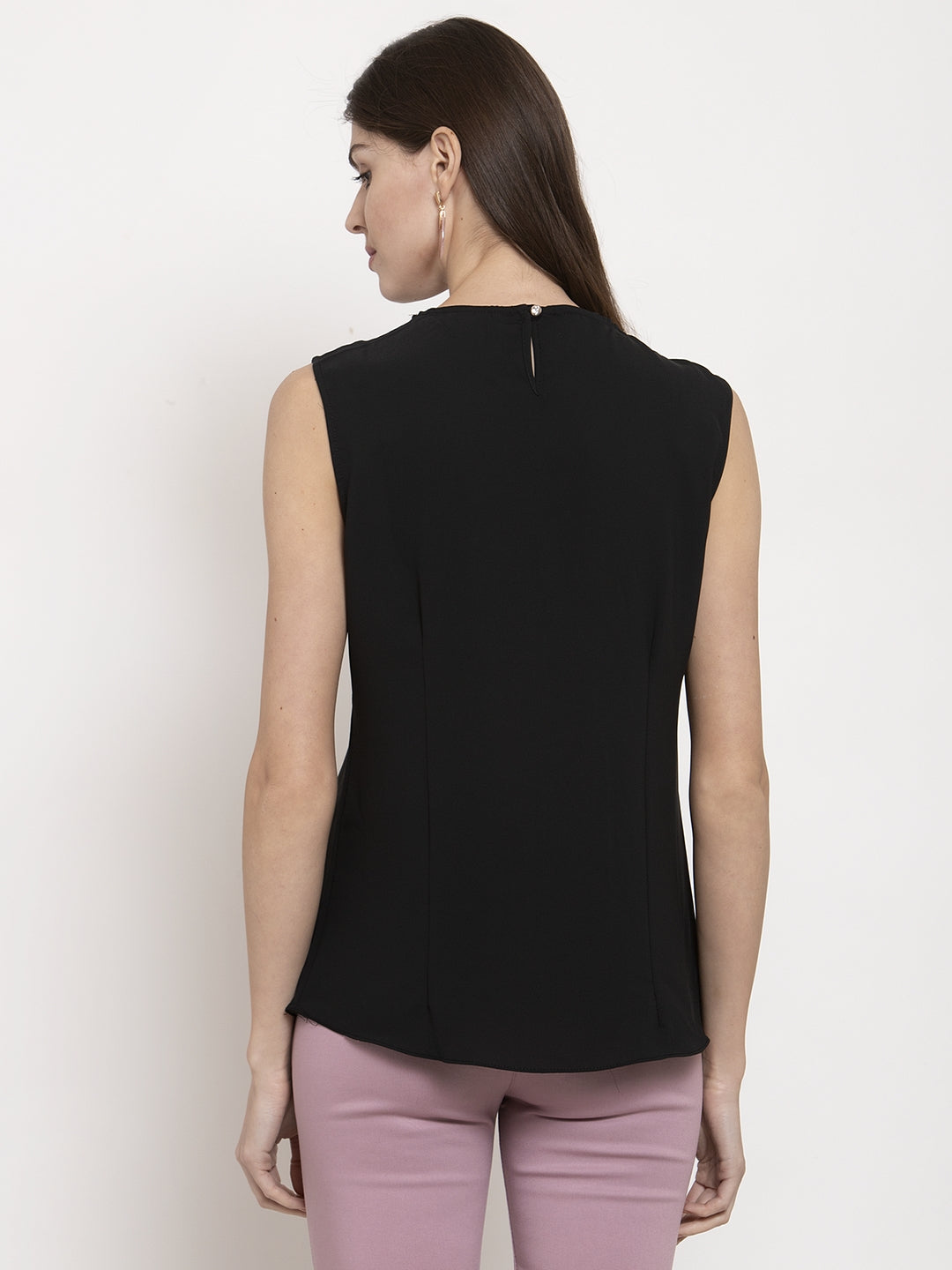 Women Straight Fit Sleeve-Less Black Top