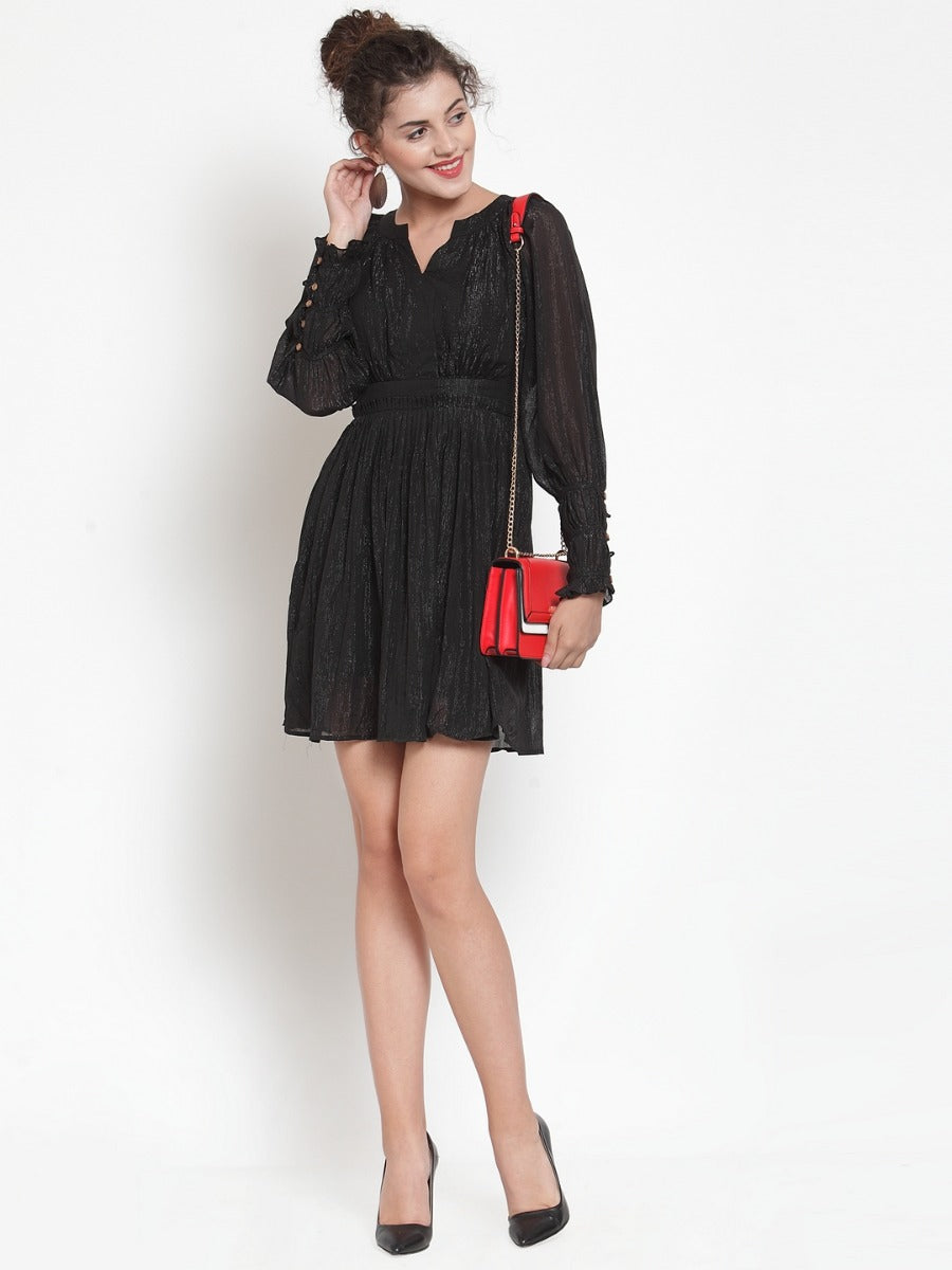 Women Self Design Black V-Neck Dress