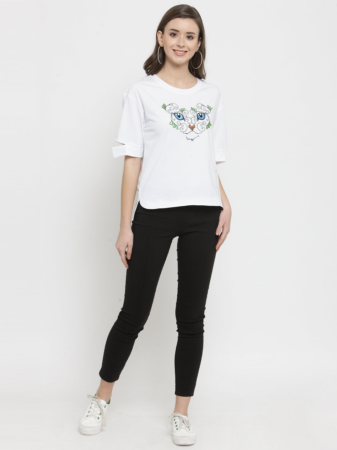 Women White Printed Round Neck Regular Fit T-Shirts
