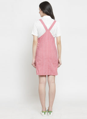 Women Checked Red Dungaree