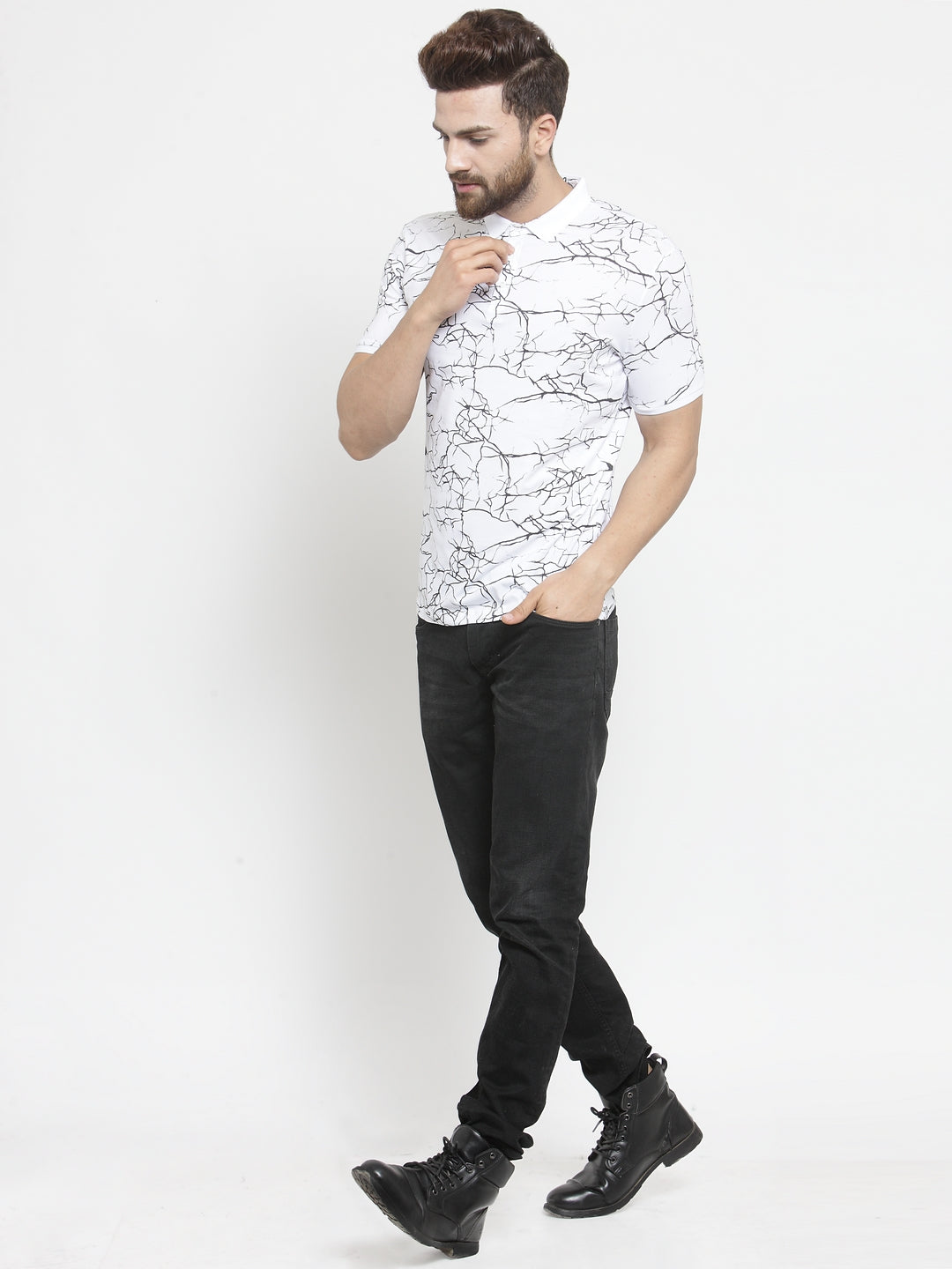 Men White Marble Printed Polo T-Shirt