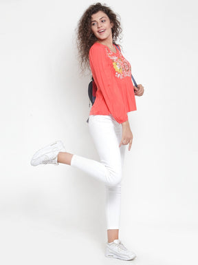 Women Embroidered Orange Round Neck Top