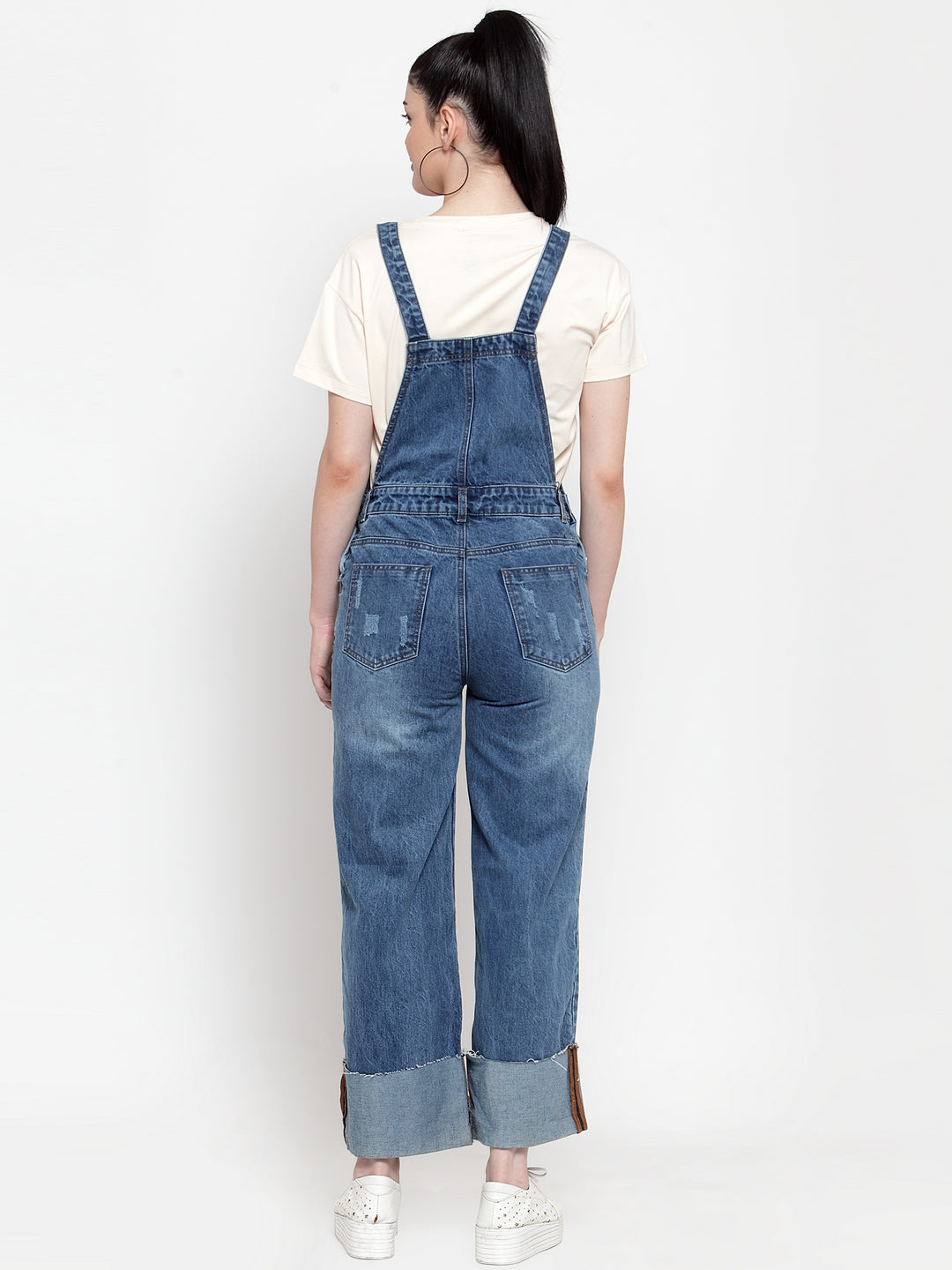 Women Blue Denim Solid Dungaree