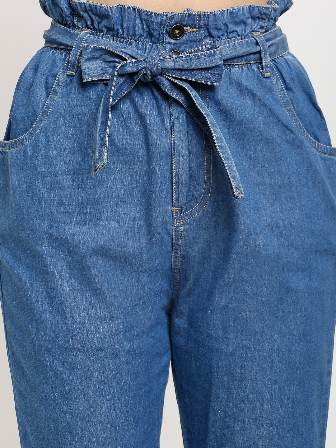 women ankle length paper bag blue jeans