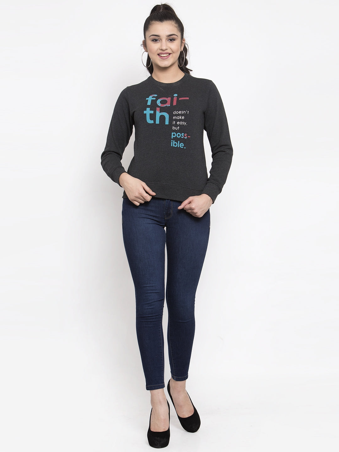 Women Grey Round Neck Sweatshirt