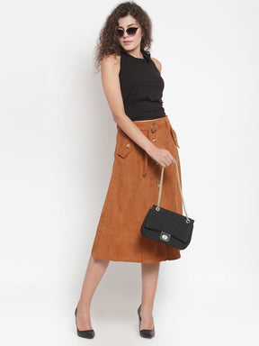 Women Solid Tan Cord Fabric Skirt
