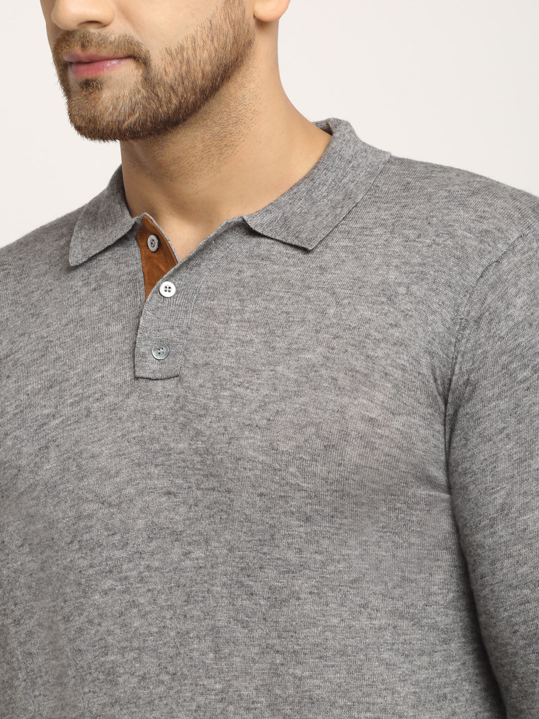 Men Grey Polo Neck Knit Solid Pullover