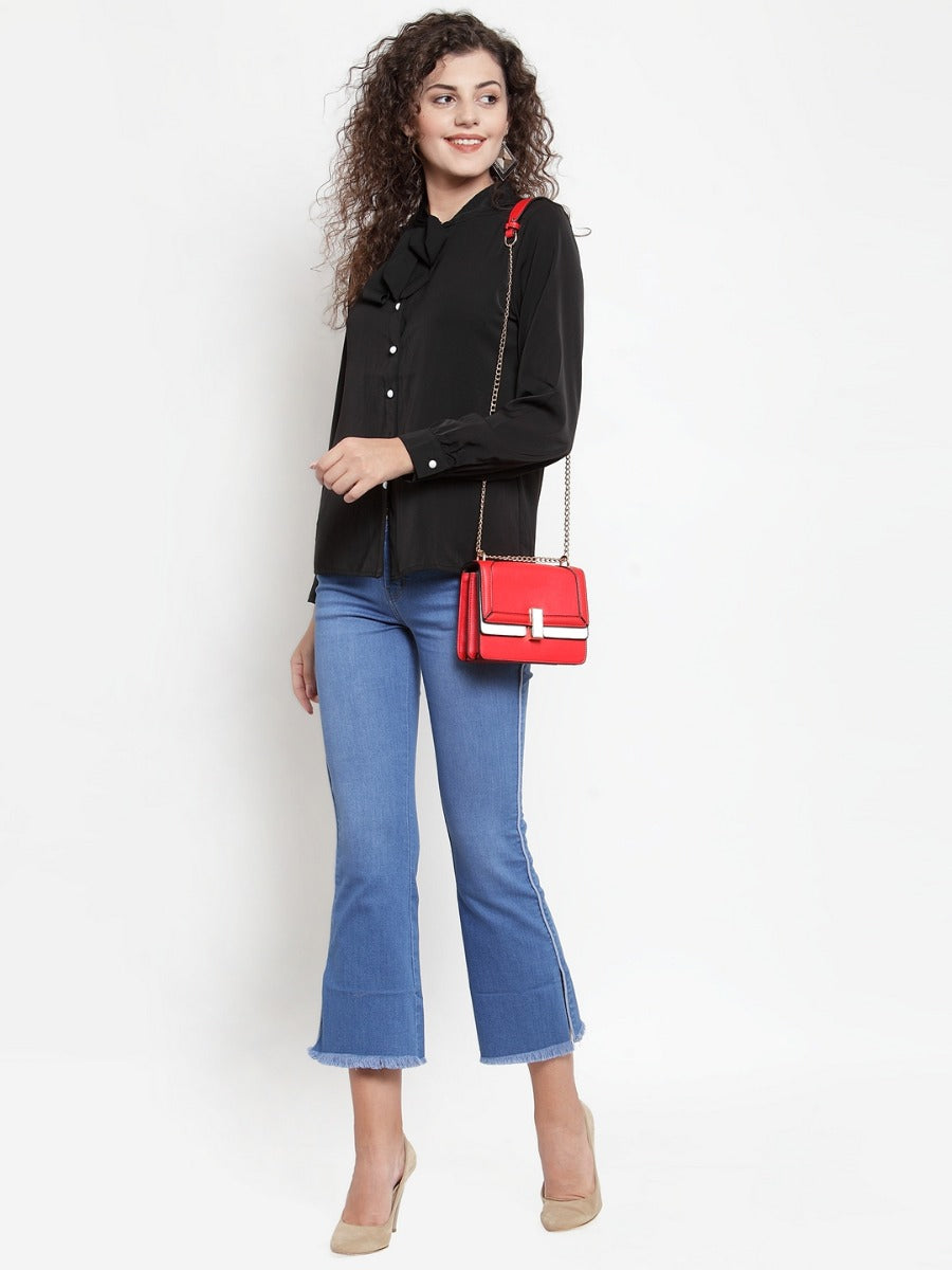 Women Black Shirt Blouse With Neck Tie