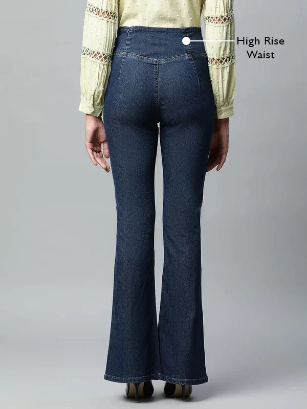 Dark Blue V-shape Waist Denim Bootcut Jegging