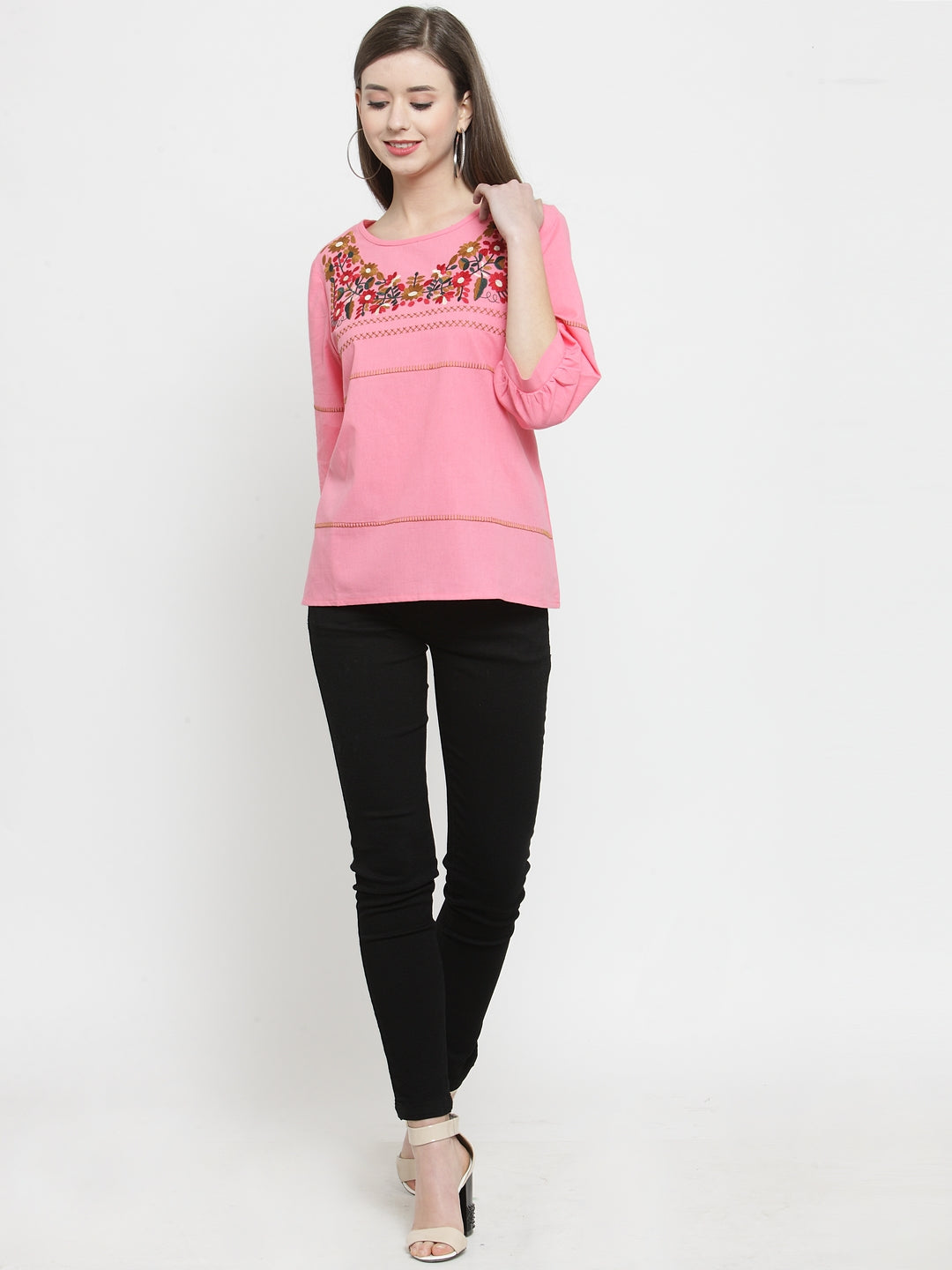 Women Printed Red Round Neck Top