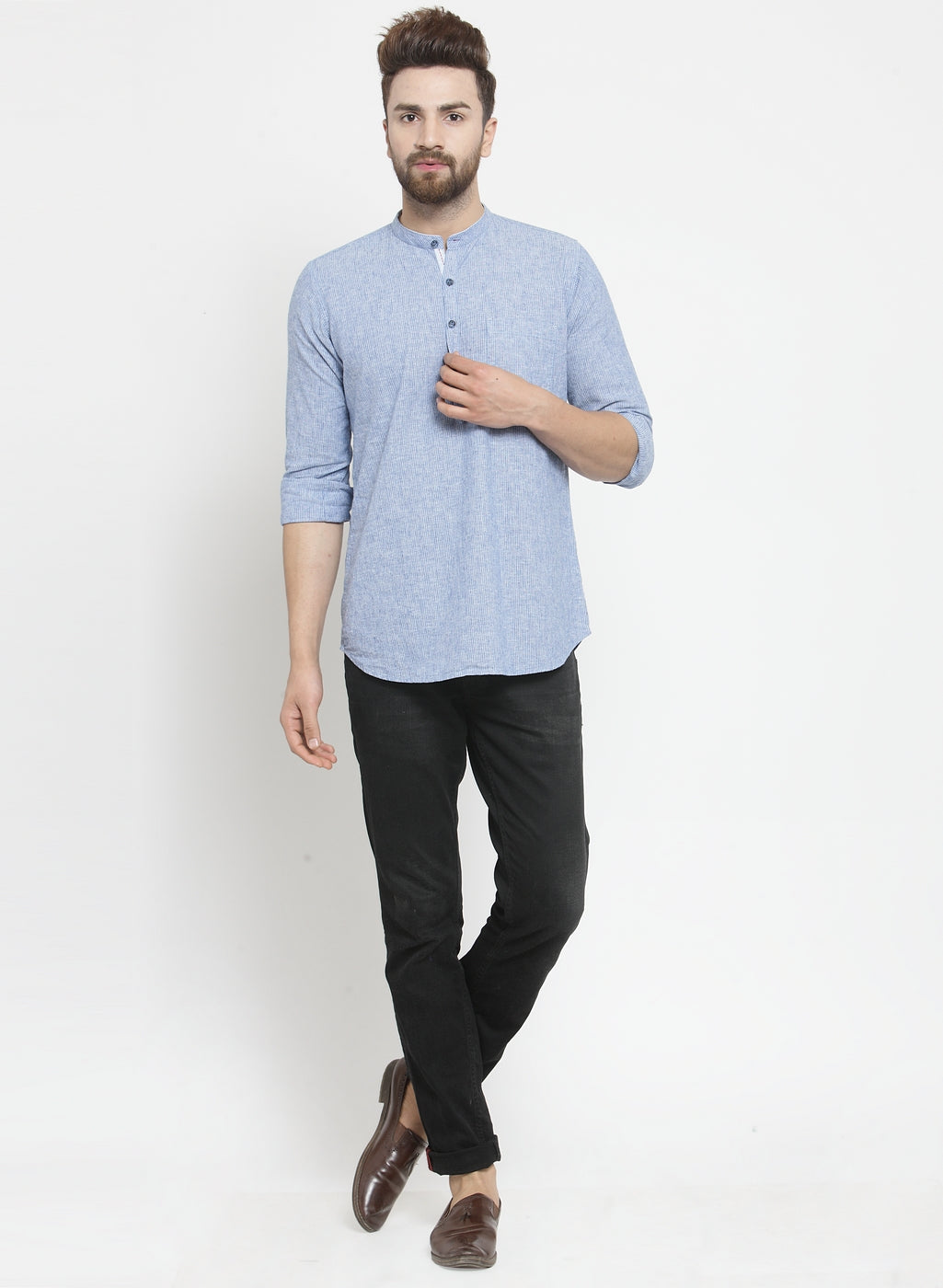 Men'S Light Blue Kurta Style Shirt