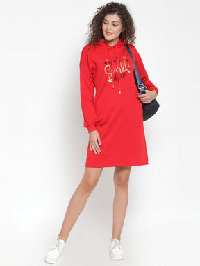 Women Solid Red Hood Tunic