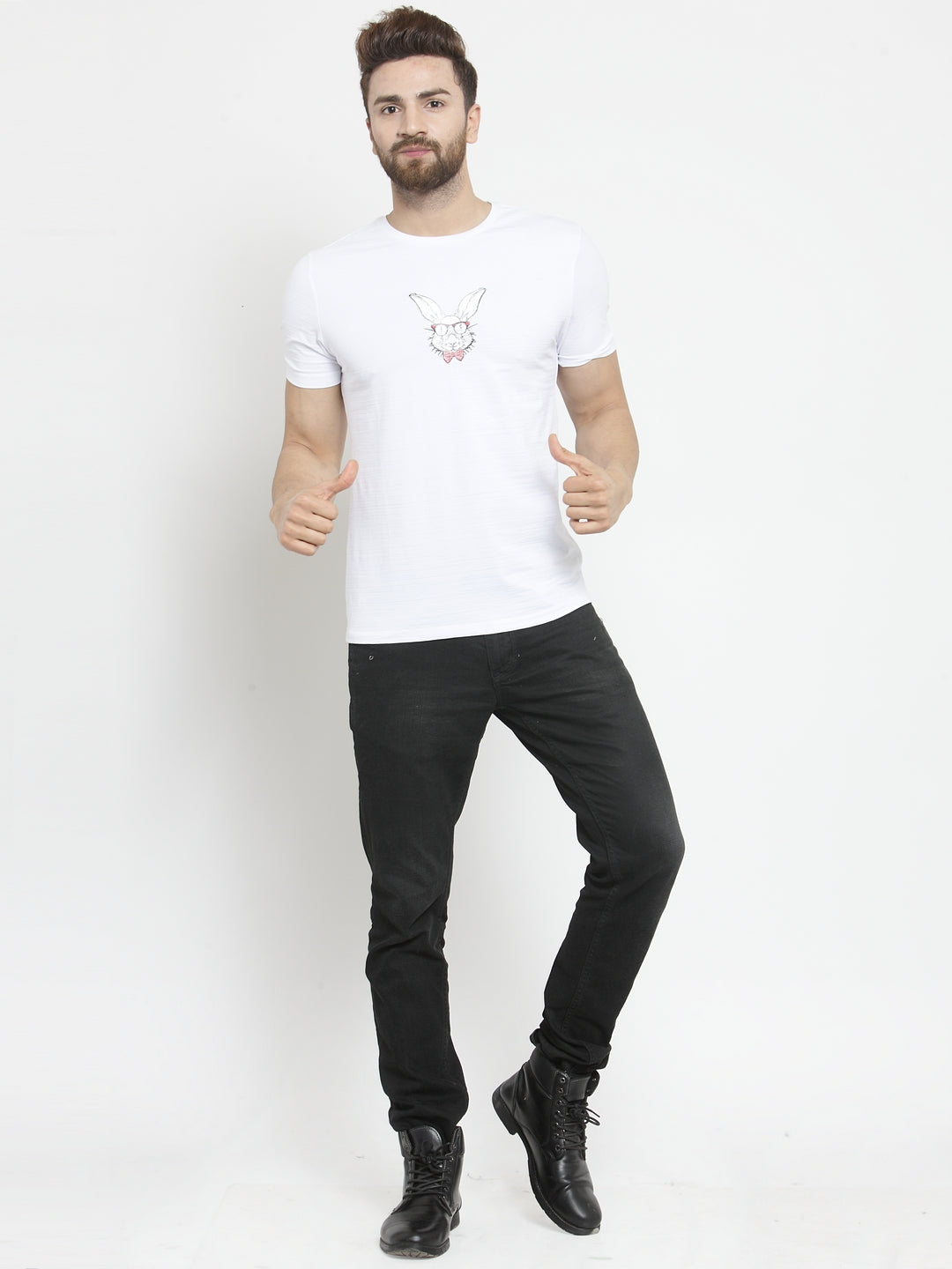 Men Nerd Bunny Animation Printed White T-Shirt