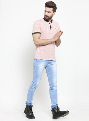 Men Pink Abstract Mini Lines Polo T-Shirt