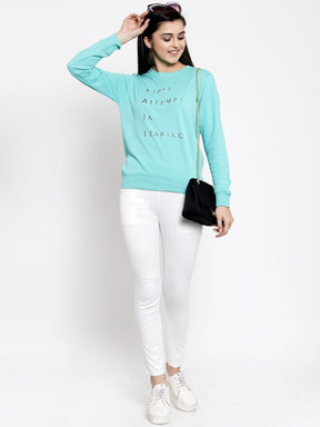 Women Printed Blue Round Neck Sweatshirt