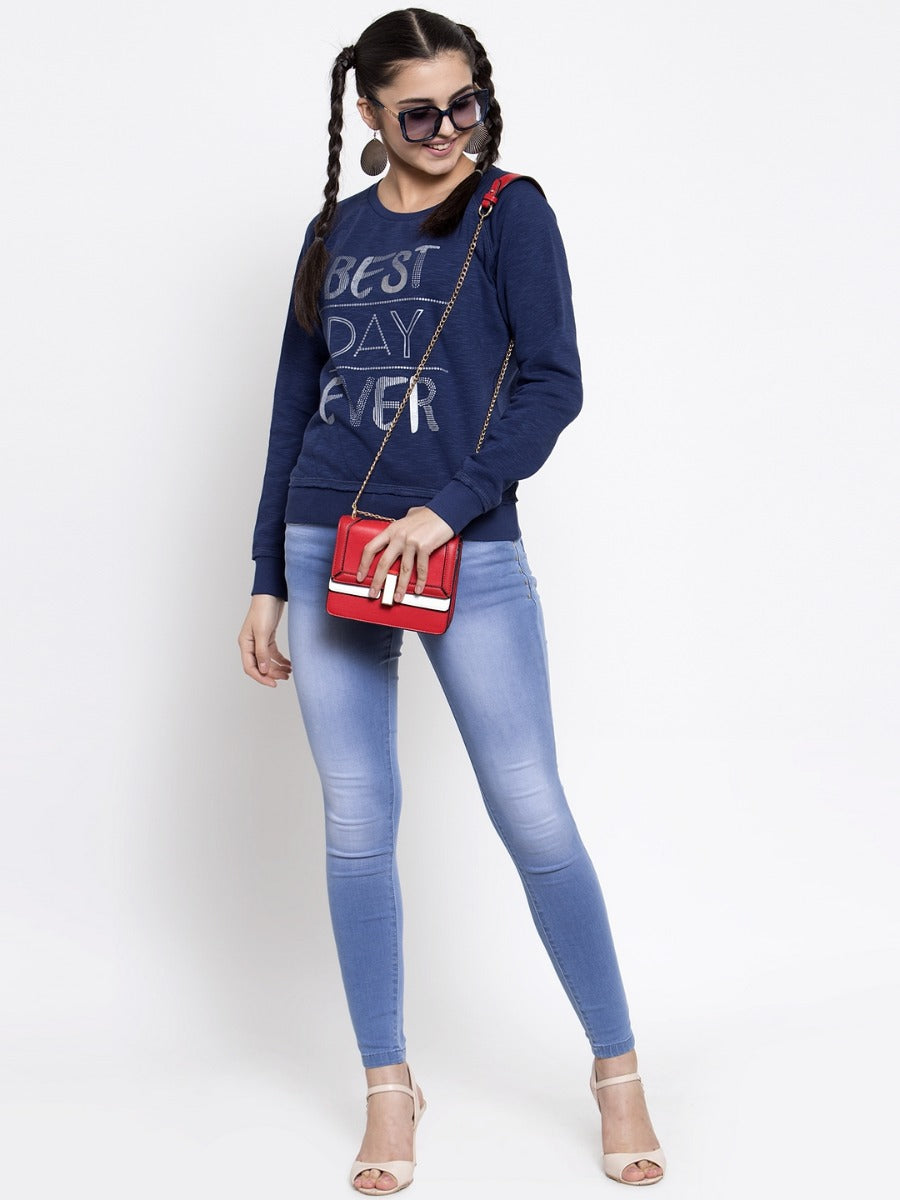 Women Printed Navy Blue Round Neck Sweatshirt