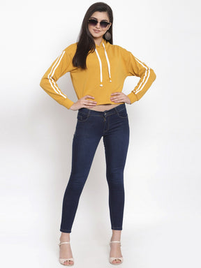 Women Solid Mustard Hood Sweatshirt