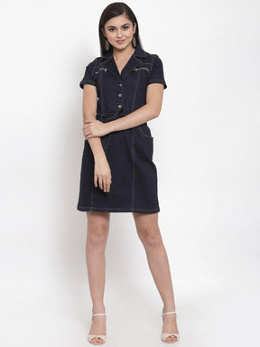 Women Denim Lapel Collar Dress