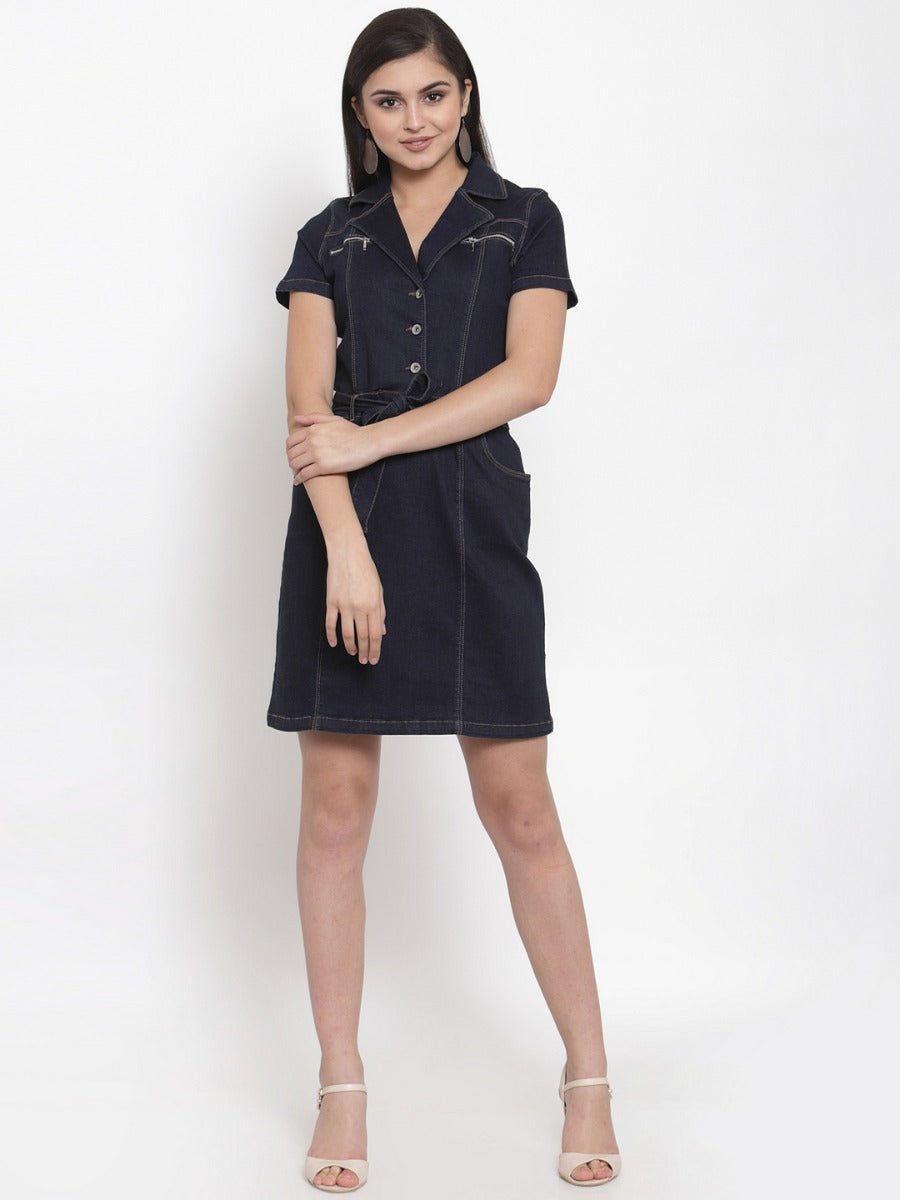 Women Denim Lapel Collar Dress