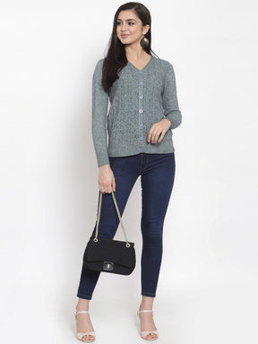 Women Solid Sage Green Woolen  V-Neck Cardigan