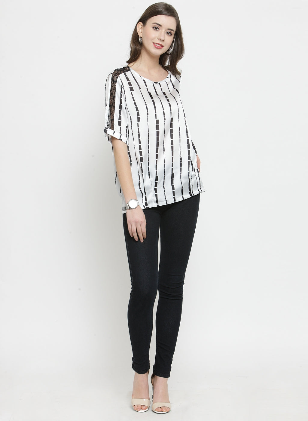 Women White Printed Top With Net Detail