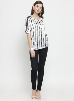 Women White Printed Top With Net Detail