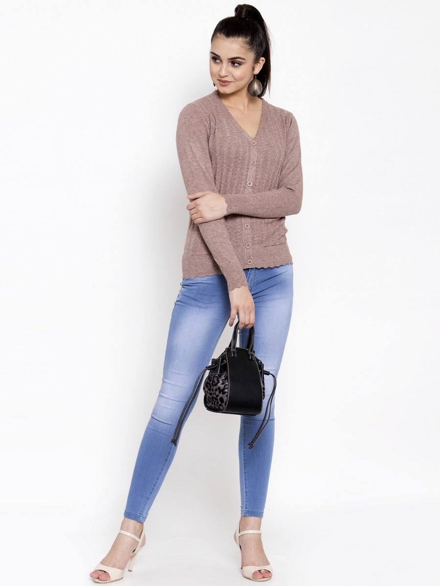 Women Solid Khaki V-Neck Cardigan