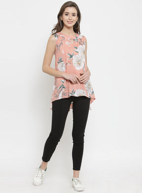 Women Peach Floral Printed Sleeveless Top
