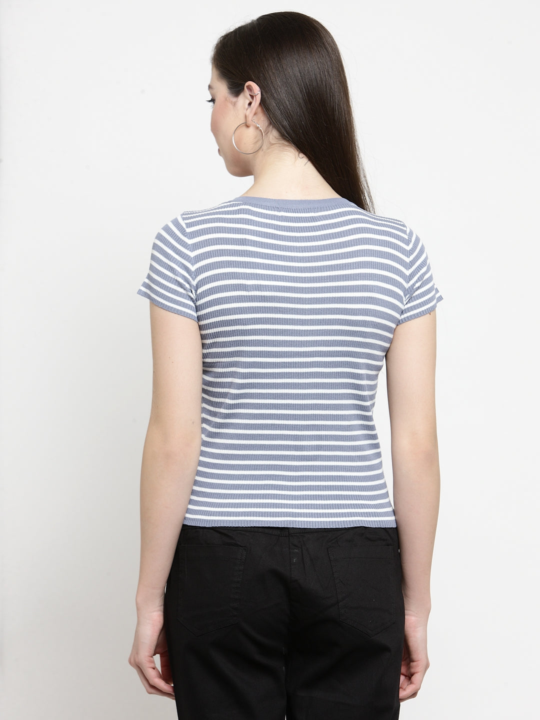 Women Striped Denim Round Neck T-Shirt
