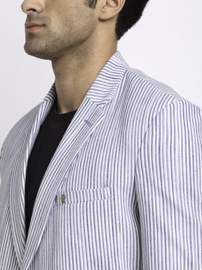 Men Blue Notched Lapel Hosiery Striped Coat